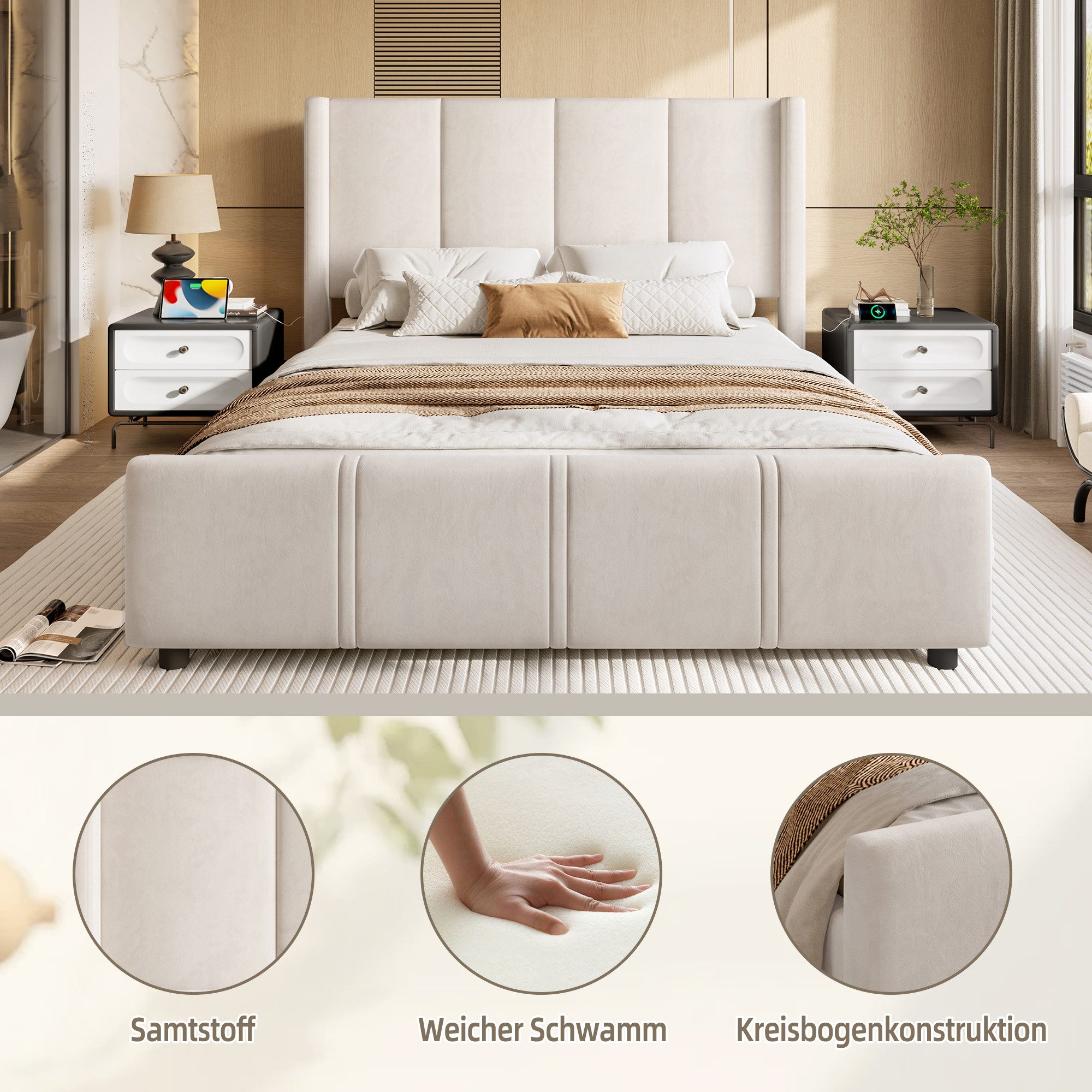 Celya Polsterbett Doppelbett, hohes Kopf- und Fußteil, zertifizierter USB-Anschluss (Ohne Matratze, Kombination aus Eisenrahmen und Holzplatte, stabil und langlebig), 140 x 200 cm stilvoller, moderner Polsterbettrahmen
