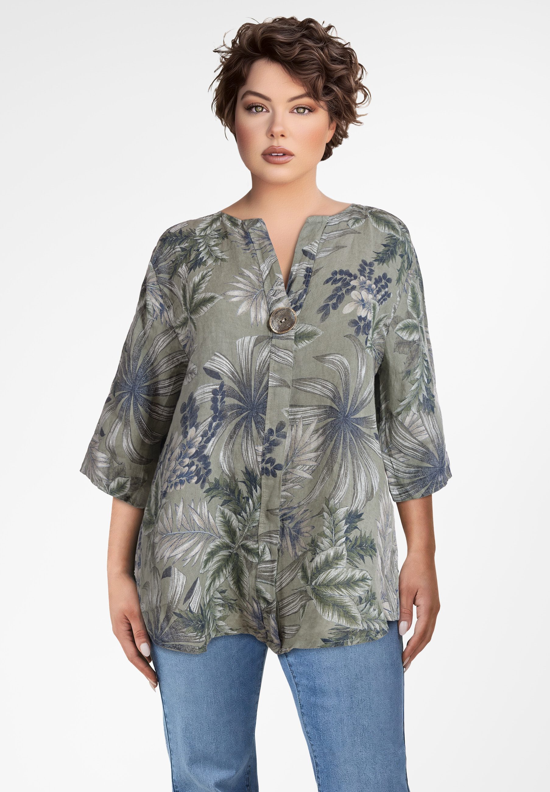 PEKIVESSA Tunika Bluse Leinen mit 3/4-Arm Blumenmuster günstig online kaufen