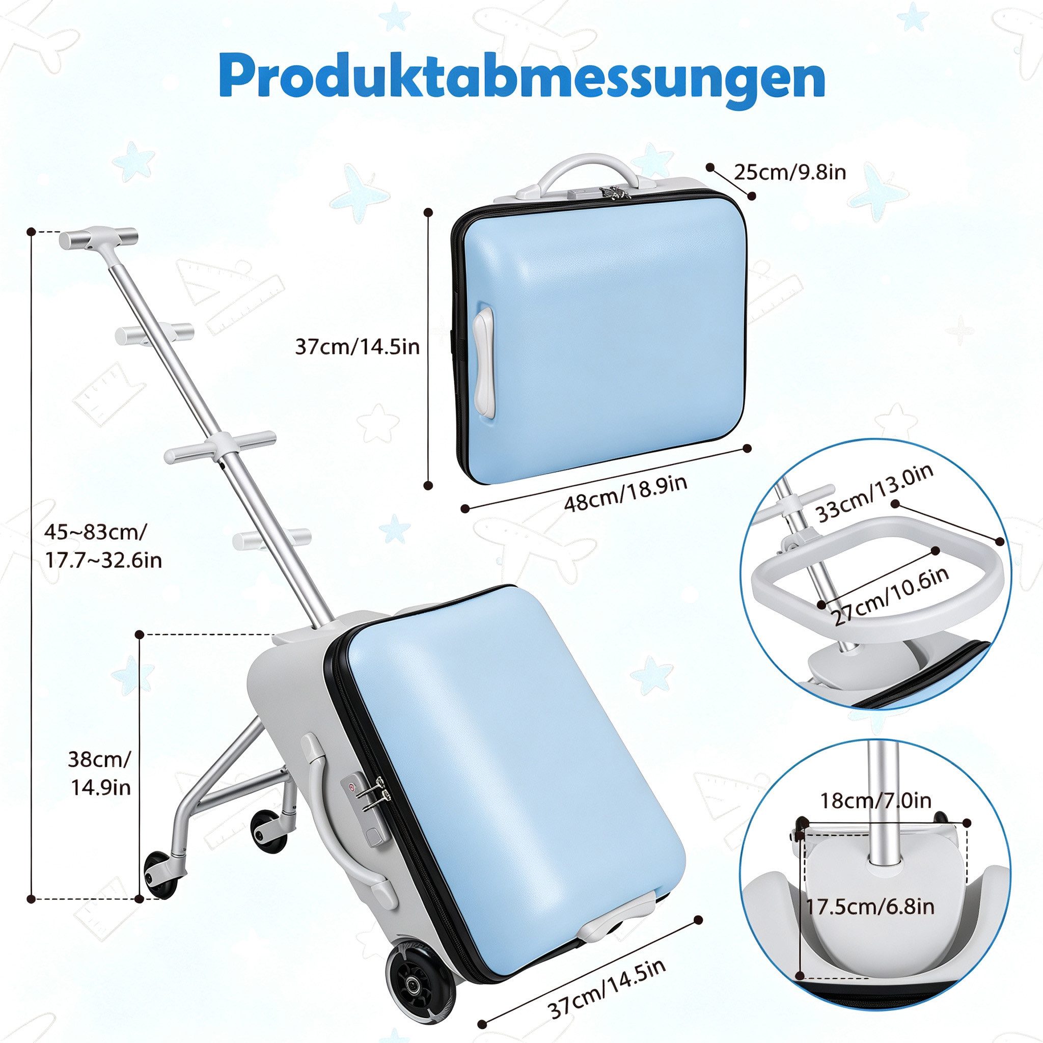Rutaqian Kinderkoffer Kinderkoffer zum Draufsitzen, 20 Zoll, 45L, 4 Rollen, Ride-On, Abnehmbarer Sitzrahmen mit Sicherheitsbügel, bis 50 kg – Bild 2 von 5