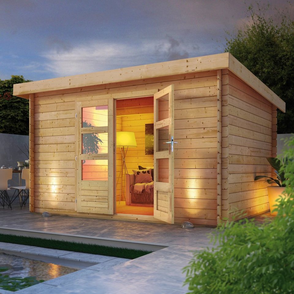 KONIFERA Gartenhaus »Schloßsee 7«, BxT: 375×333 cm, 28 mm Wandstärke, terragrau oder natur