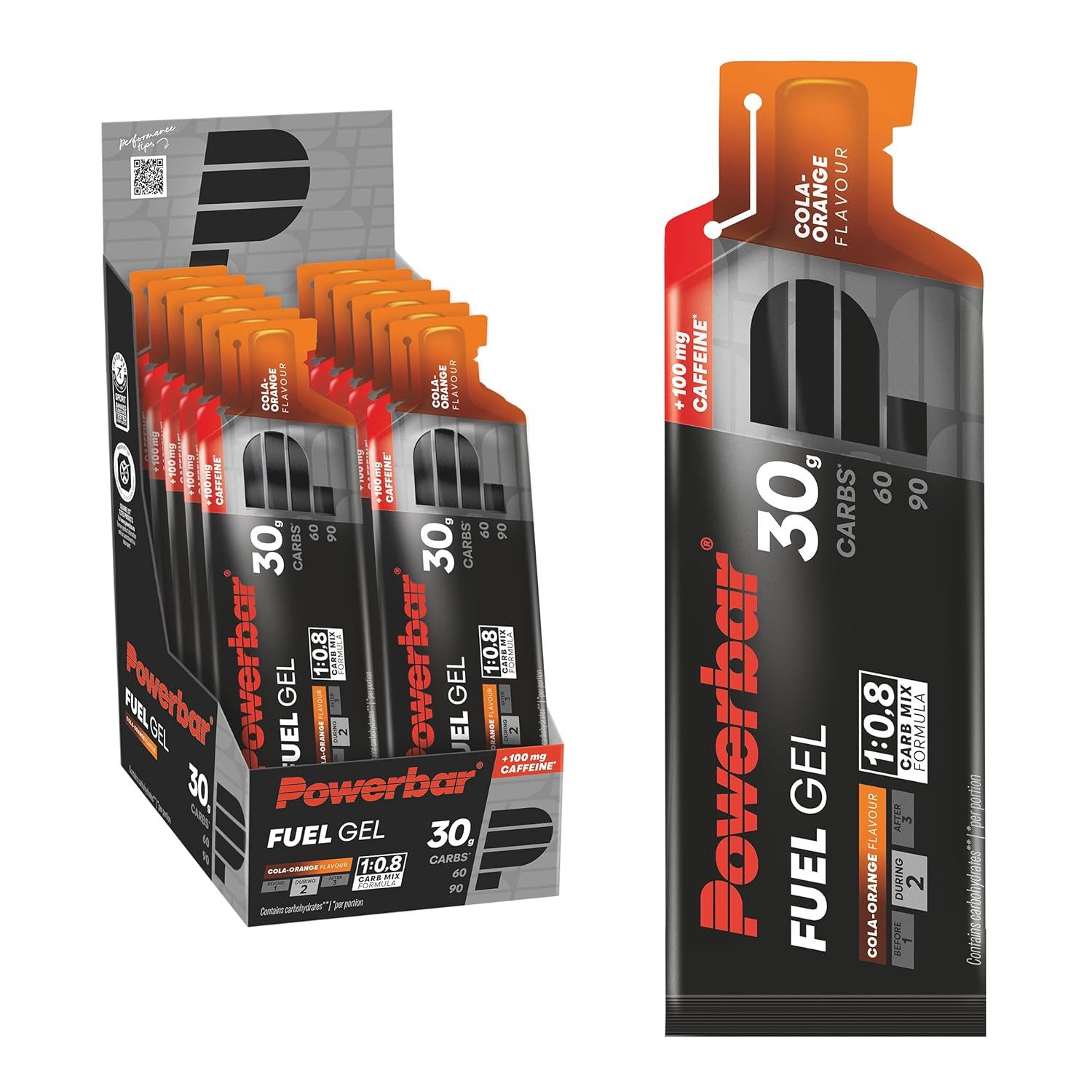 PowerBar Kohlenhydratgel Fuel 30 Gel Black Line Cola-Orange Koffein 12 x 50 ml Gel, 24 er Display à 24 St., 600 ml, Kohlenhydrat-Formel von 1:0,8