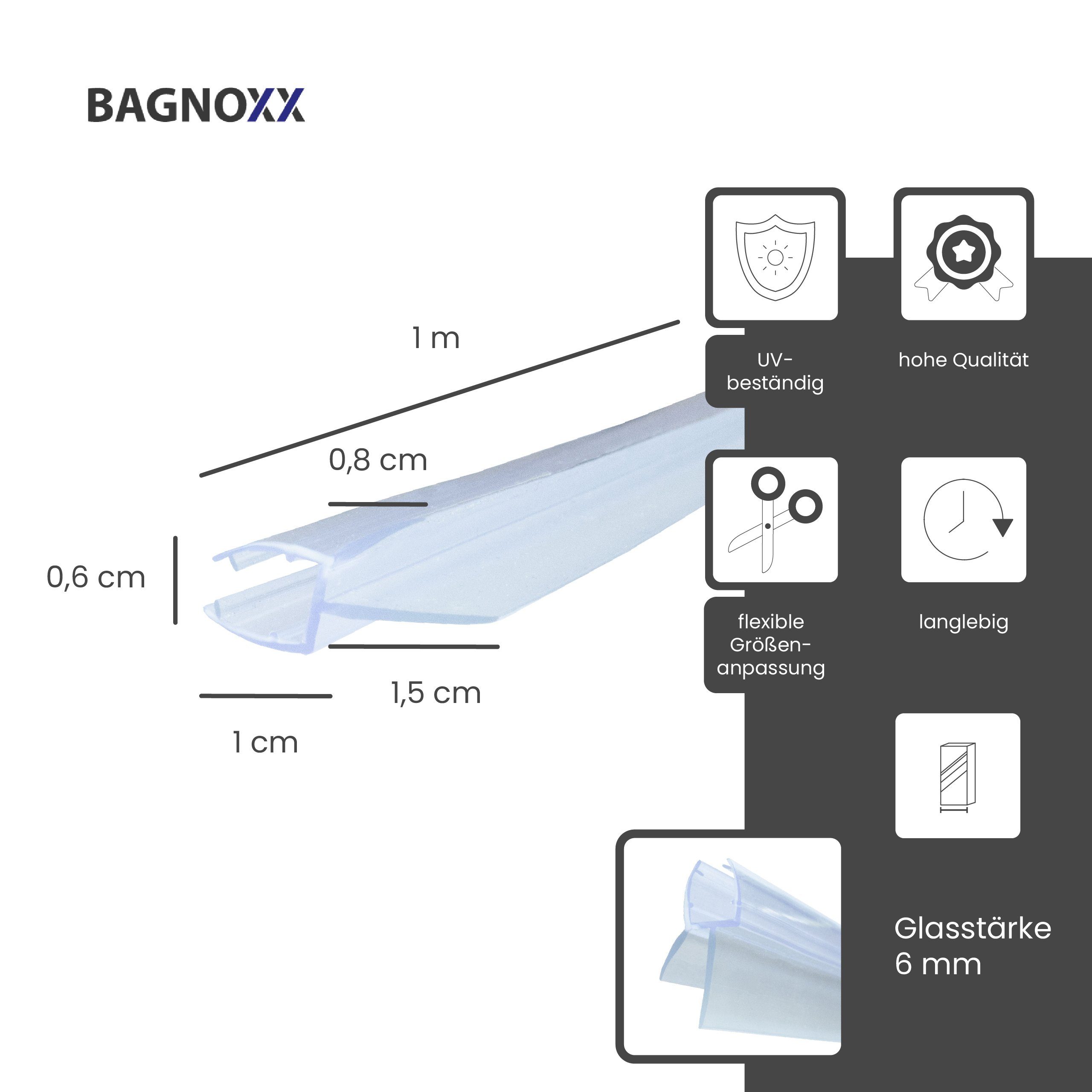 Bagnoxx Duschdichtung, L: 100 cm, (Duschdichtung Schleiflippendichtung 100cm, 1-St), Schleiflippendichtung, doppelte Weichlippe