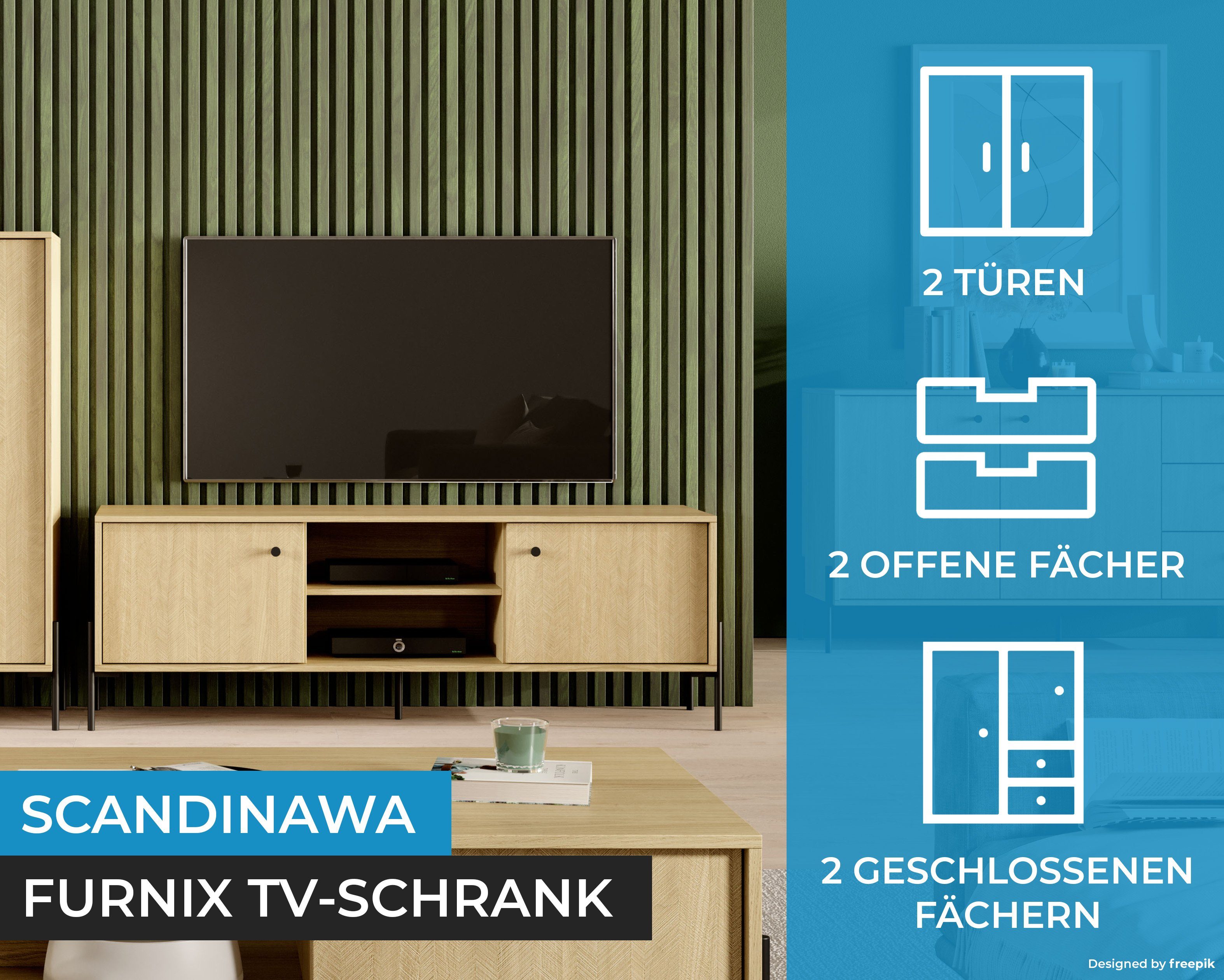 Furnix TV-Schrank SCANDINAWA Fernsehschrank x hochwertig, EU Metallfüßen 157 mit in T39,5 cm, B156,8 made schwarzen x H53,4