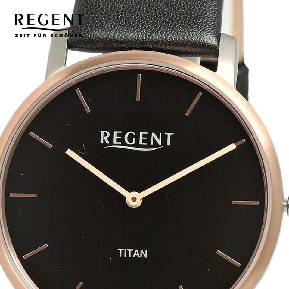 Regent Quarzuhr Regent Herren Armbanduhr Analog, Herren Armbanduhr rund,  extra groß (ca. 39mm), Lederarmband, Titangehäuse