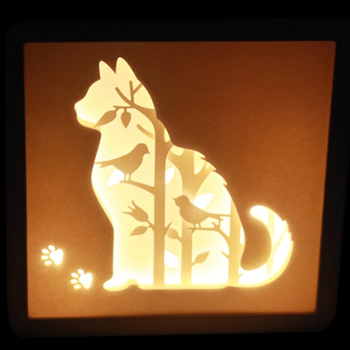 Cat, Papercut Lichtbox LED CiM Wohnaccessoire, 3D fest 16x5x16cm, integriert, Nachtlicht, Dekoration SQUARE- Warmweiß, Shadowbox, kabellose LED