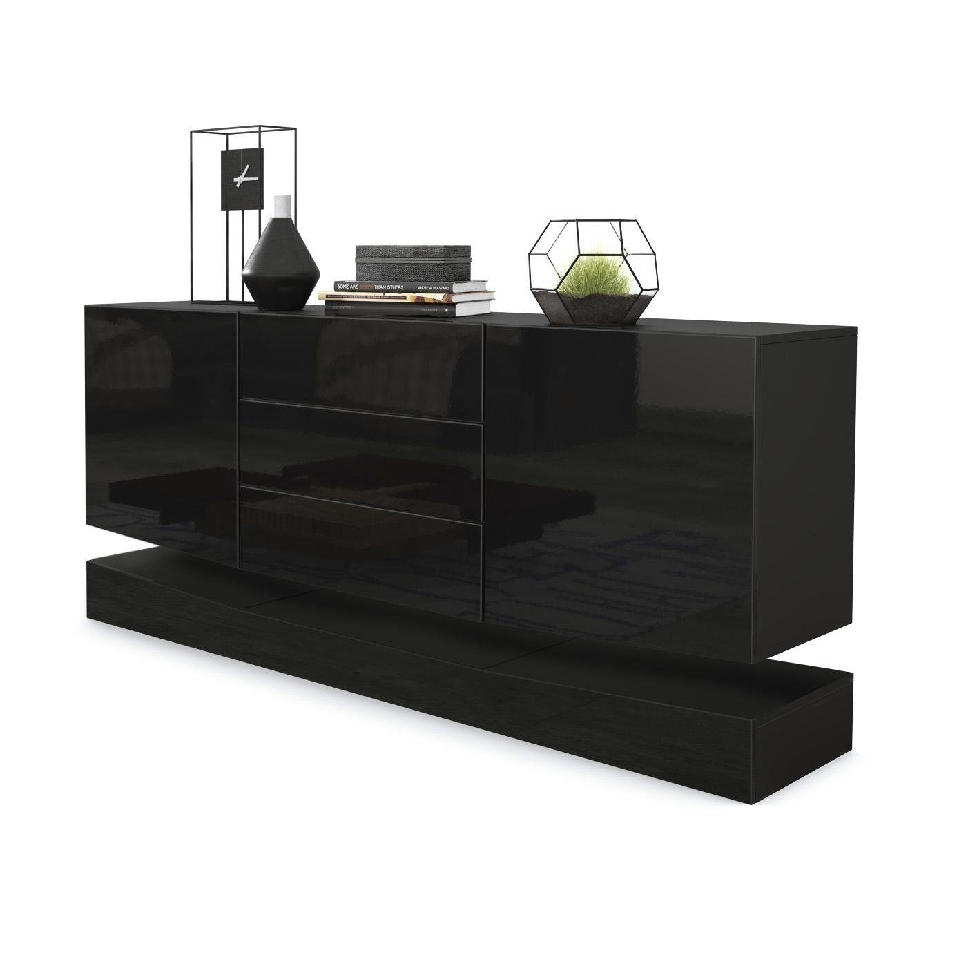 Vladon Sideboard City (Kommode, mit 2 Türen und 3 Schubladen), Schwarz matt/Schwarz Hochglanz (178 x 72 x 38 cm)