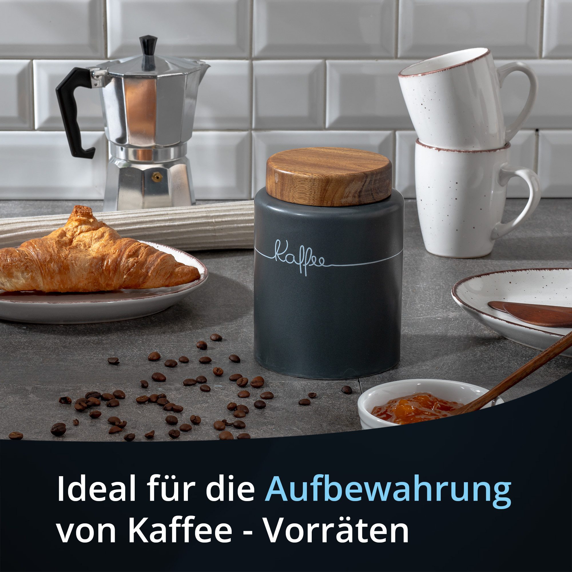 KHG Vorratsdose für Kaffee aus Steinzeug mit Akazienholz‑Deckel – luftdicht, Steingut, Luftdichte Dose für Kaffee – schützt Aroma & hält Bohnen frisch