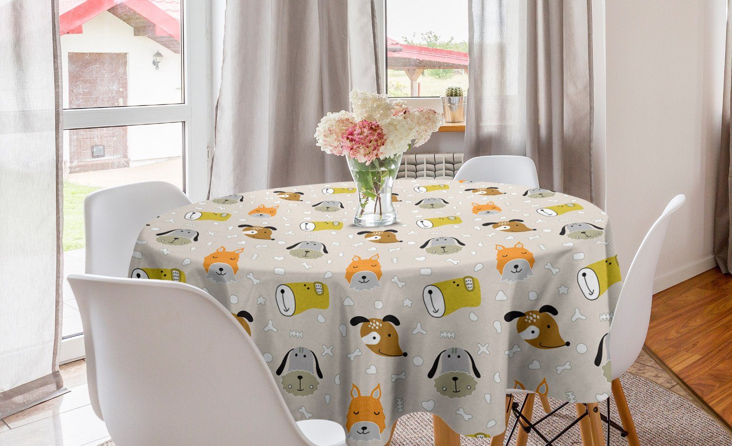 Abakuhaus Tischdecke Kreis Tischdecke Abdeckung für Esszimmer Küche Dekoration, Kindergarten Cartoon-Hund Gesichter