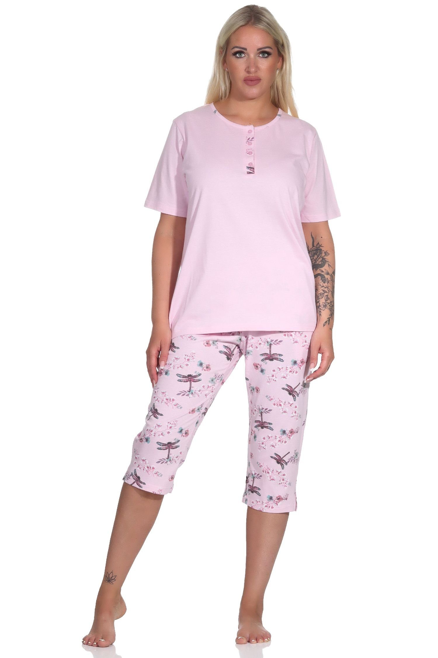 Normann Pyjama Damen Schlafanzug kurzarm Pyjama mit Capri-Hose in floralem Print rosa