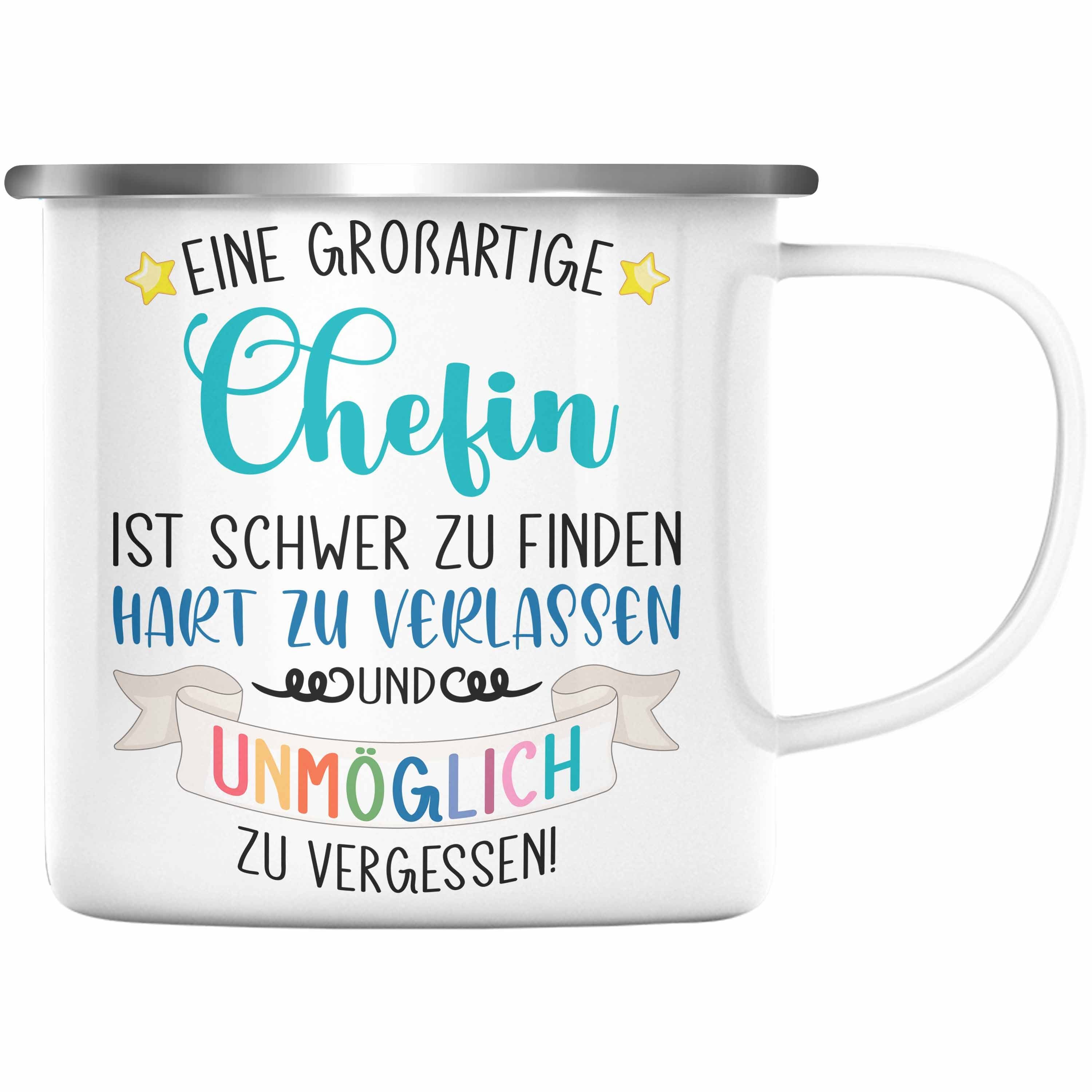 Trendation Thermotasse Trendation - Chefin Abschied Abschiedsgeschenk Chefinnen Emaille Tasse mit Spruch Grossartige Chefin Geschenkidee Silber