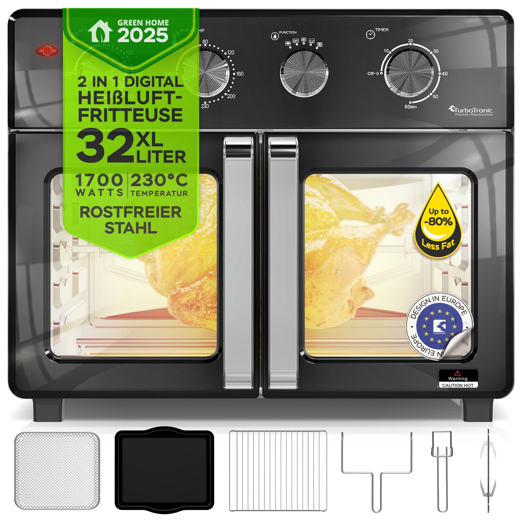 TurboTronic by Z-Line Minibackofen 4in1 Heißluftofen Heißluftfritteuse XXL Version 32L inkl. Drehspieß, & viel Zubehör Backblech, Dörrgerät ab 25°C & Grill, Airfryer schwarz