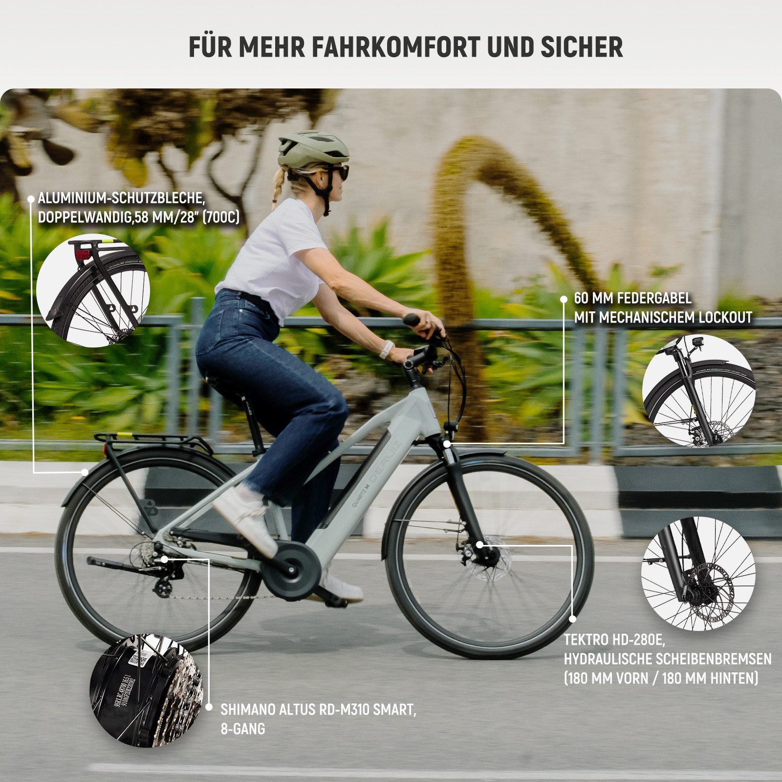 DERUIZ E-Bike Cityrad 28 Zoll, Quartz M/2.0/SUV, 120-160km, Drehmomentsensor, Bluetooth+APP, 8 Gang SHIMANO Altus Schaltwerk, Kettenschaltung, Heckmotor, 483 Wh, (Einheitsgröße 44 cm, hydr. Scheibenbremse, Trapezrahmen), Quartz M, Drehmomentsensor, bis zu 170 kg, Elektrofahrrad, Pedelec