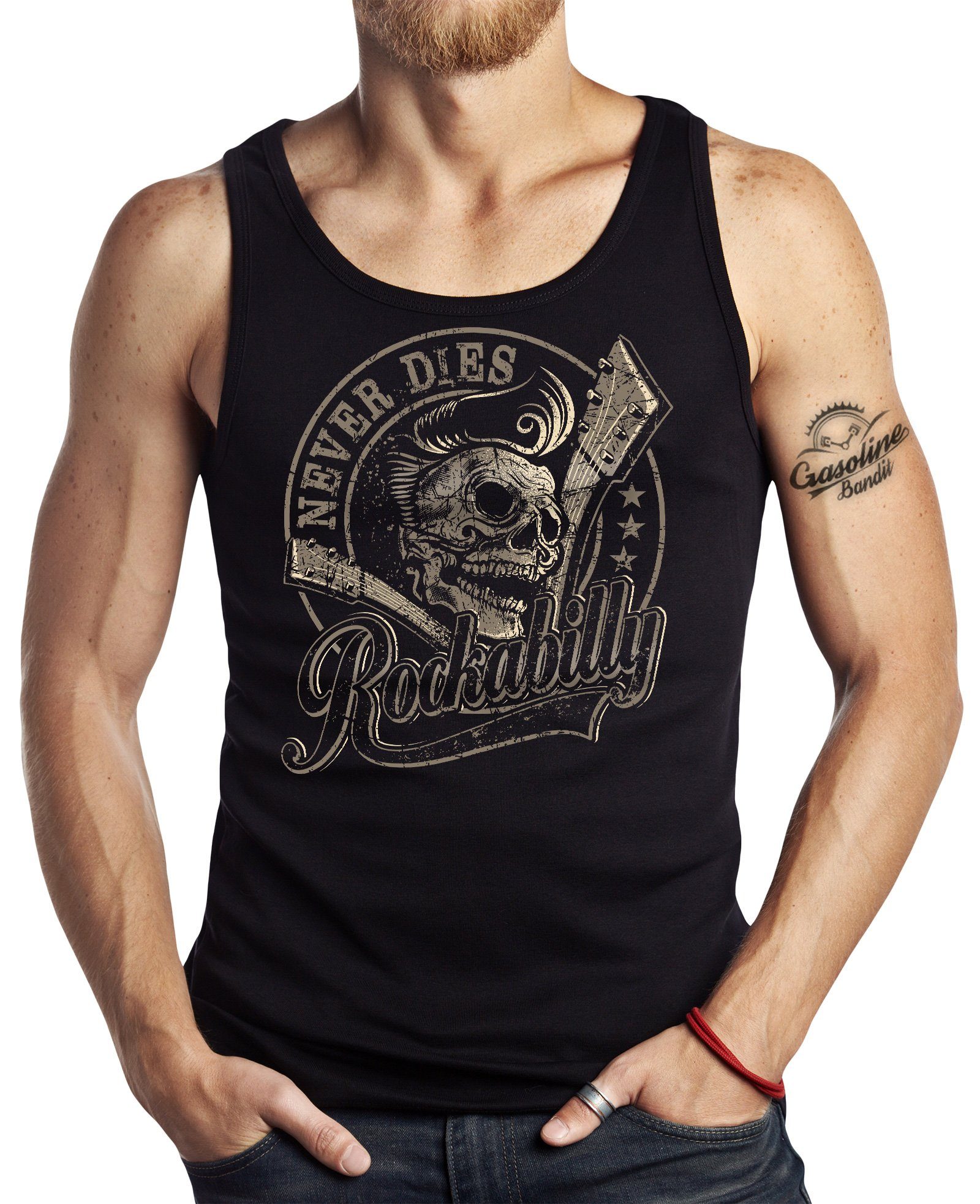 Tanktop für Hot-Rod Biker Rocker Motorrad Fans: Rockabilly Never Dies! Silver