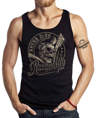 GASOLINE BANDIT® Tanktop für Hot-Rod Biker Rocker Motorrad Fans: Rockabilly Never Dies! Silver