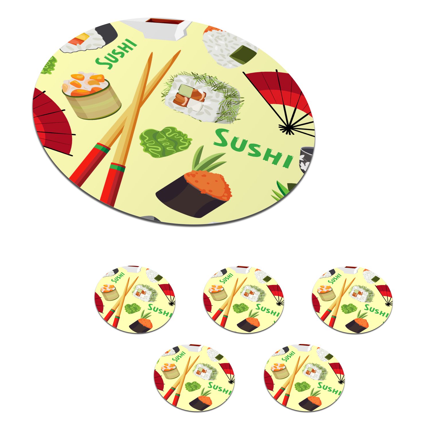 MuchoWow Glasuntersetzer Sushi - Japan - Muster, Zubehör für Gläser, 6-tlg., Getränkeuntersetzer, Tassenuntersetzer, Korkuntersetzer, Tasse, Becher