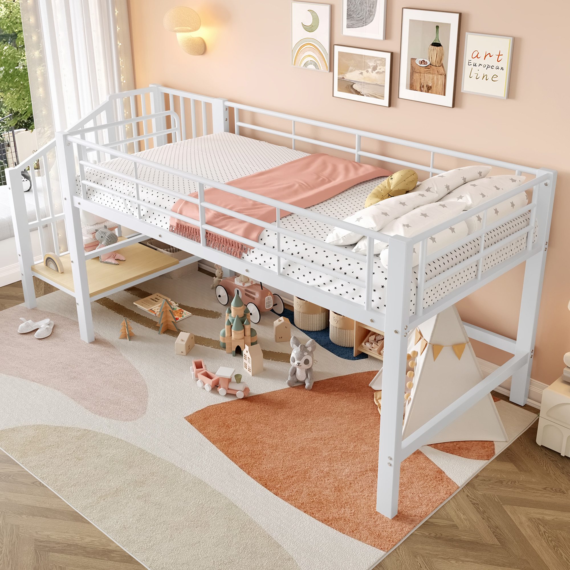 Merax Hochbett (1-St., Etagenbett Jugendbett Einzelbett) Metallbett Kinderb günstig online kaufen