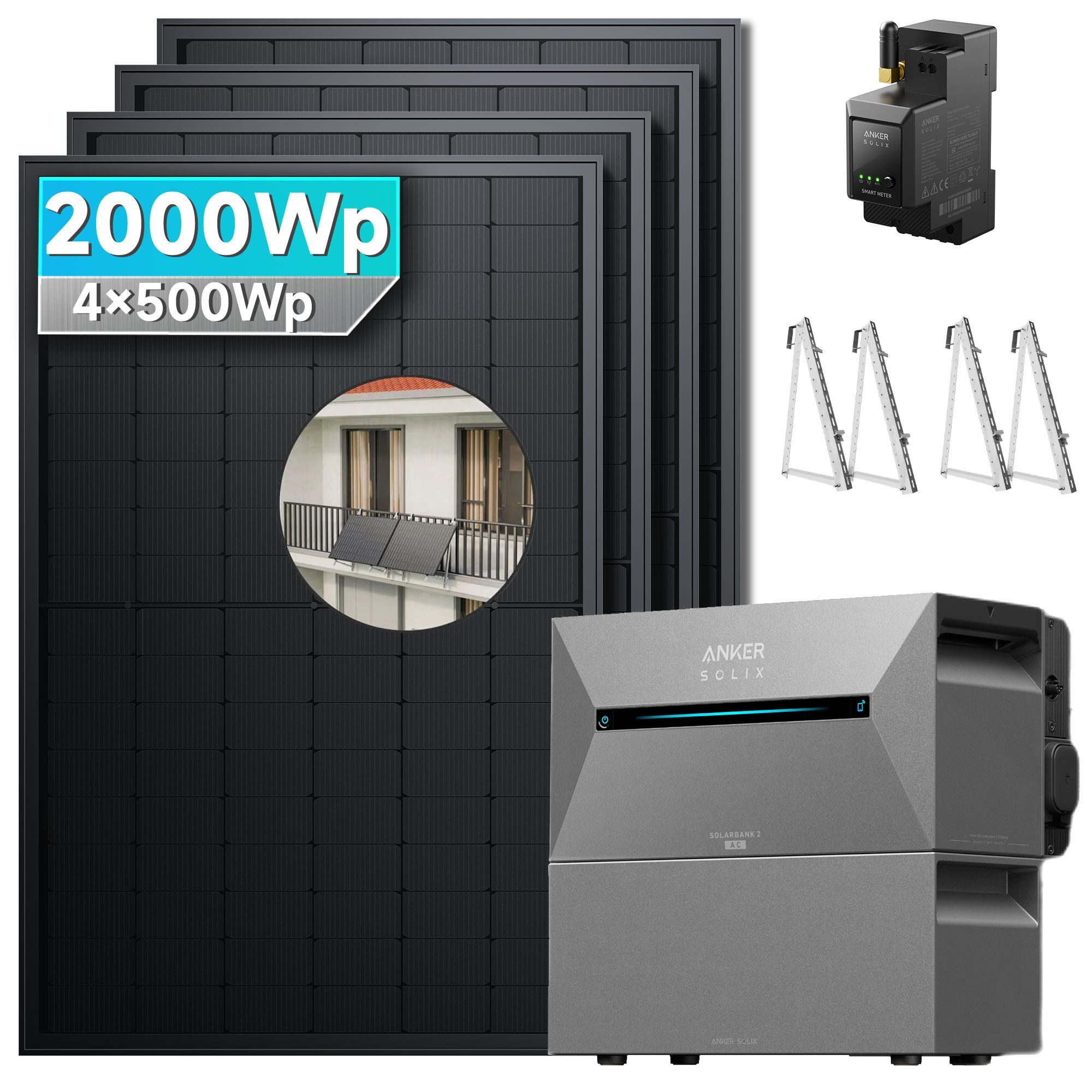 Balkonkraftwerk mit Speicher 2000w( 500*4)  mit Anker Solix Solarbank 2 E1600 Pro