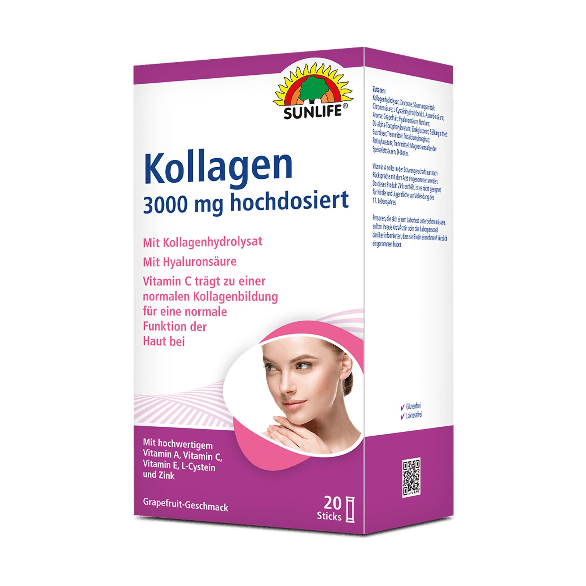 SUNLIFE® Kollagen-Sticks 3000 mg hochdosiert Hyaluronsäure Antiaging 1 x täglich den Inhalt eines Sticks mit 250 ml heißem oder kaltem Wasser übergießen, umrühren und trinken