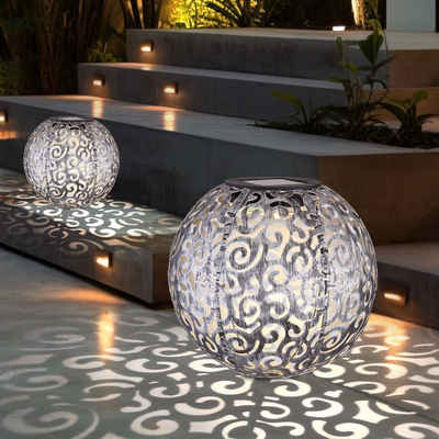 Globo LED Gartenleuchte, LED-Leuchtmittel fest verbaut, Warmweiß, 2er Set LED Solar Kugel Steck Leuchten silber Terrassen