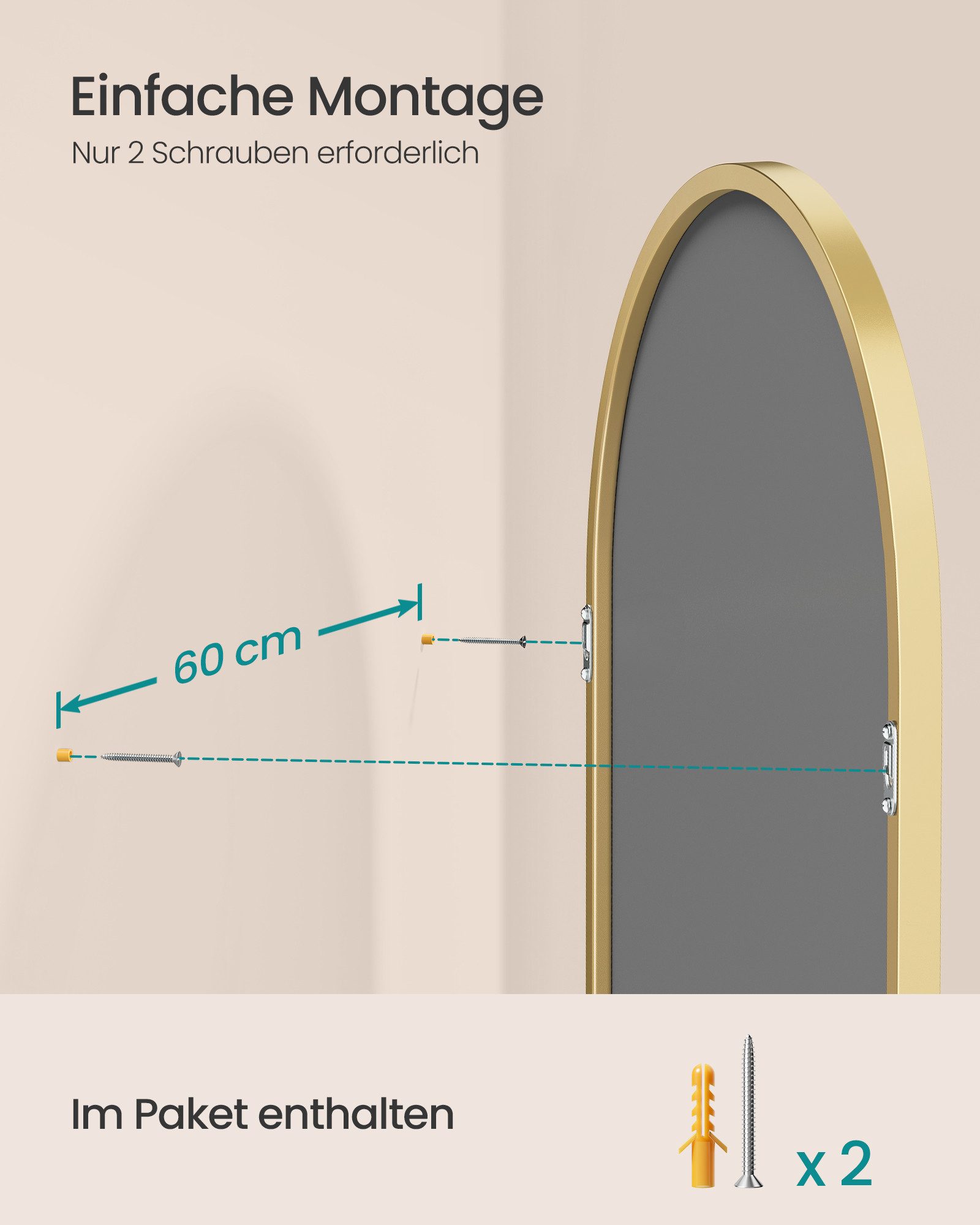 SONGMICS Standspiegel Spiegel für Bad, gewölbter Spiegel, für Wohn-, Schlaf- und Badezimmer, Aluminiumrahmen, mit Sicherheitsfolie, rechteckig/gewölbt, 91 x 61  – Bild 5 von 5