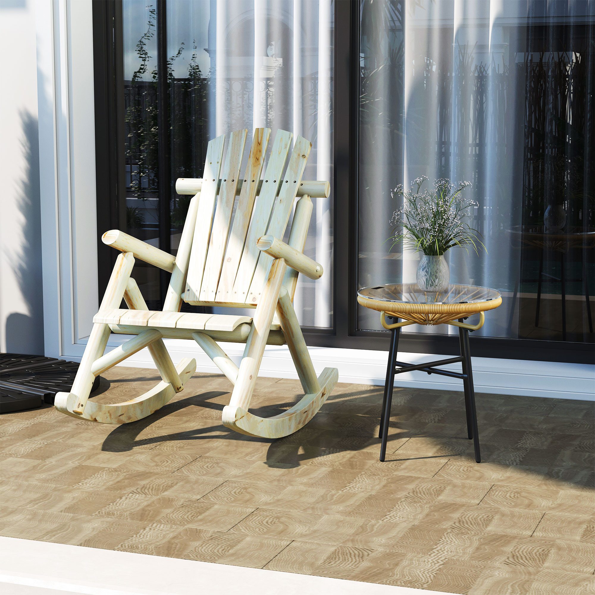Outsunny Schaukelstuhl Gartenstuhl mit Armlehne, wetterfest (Schwingsessel, 1 St), Naturholz B96 x D66 x H98cm