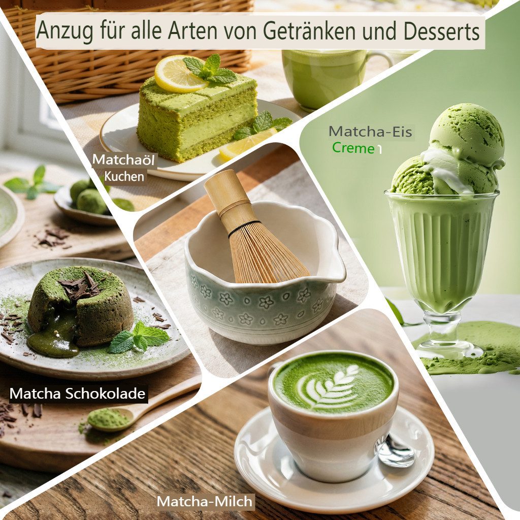 VONATES Teeservice 9tlg. Matcha Set mit Matcha-Schale, Bambus-Besener & Halter, Sieb, Löffel, Tuch, Eisform, aus Bambus und Keramik für Teezeremonie