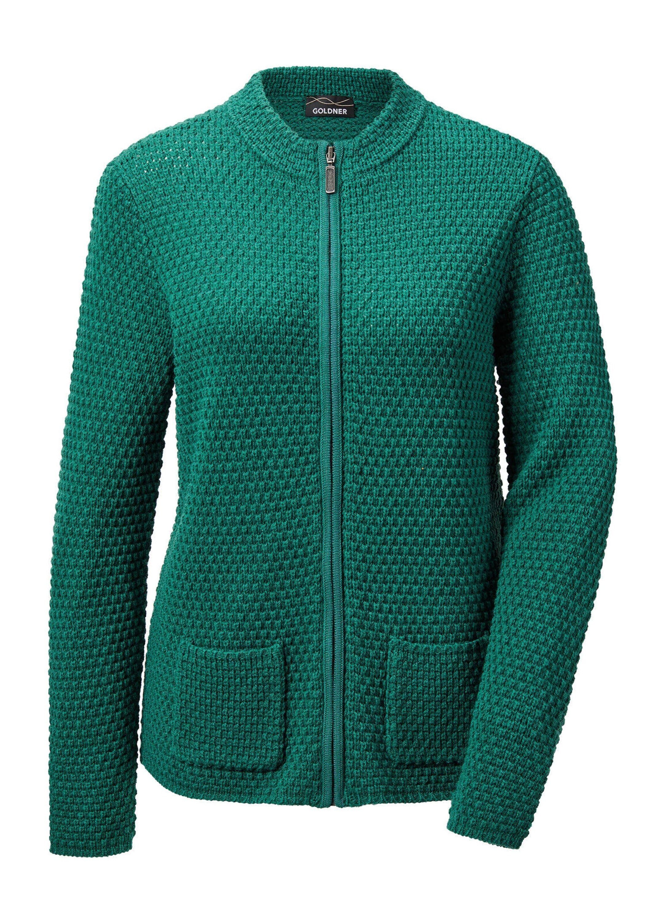 GOLDNER Strickpullover Elegante Wolljacke mit Noppenstruktur Hüftlange Alltagsjacke mit Stehkragen, Taschen und Langarm