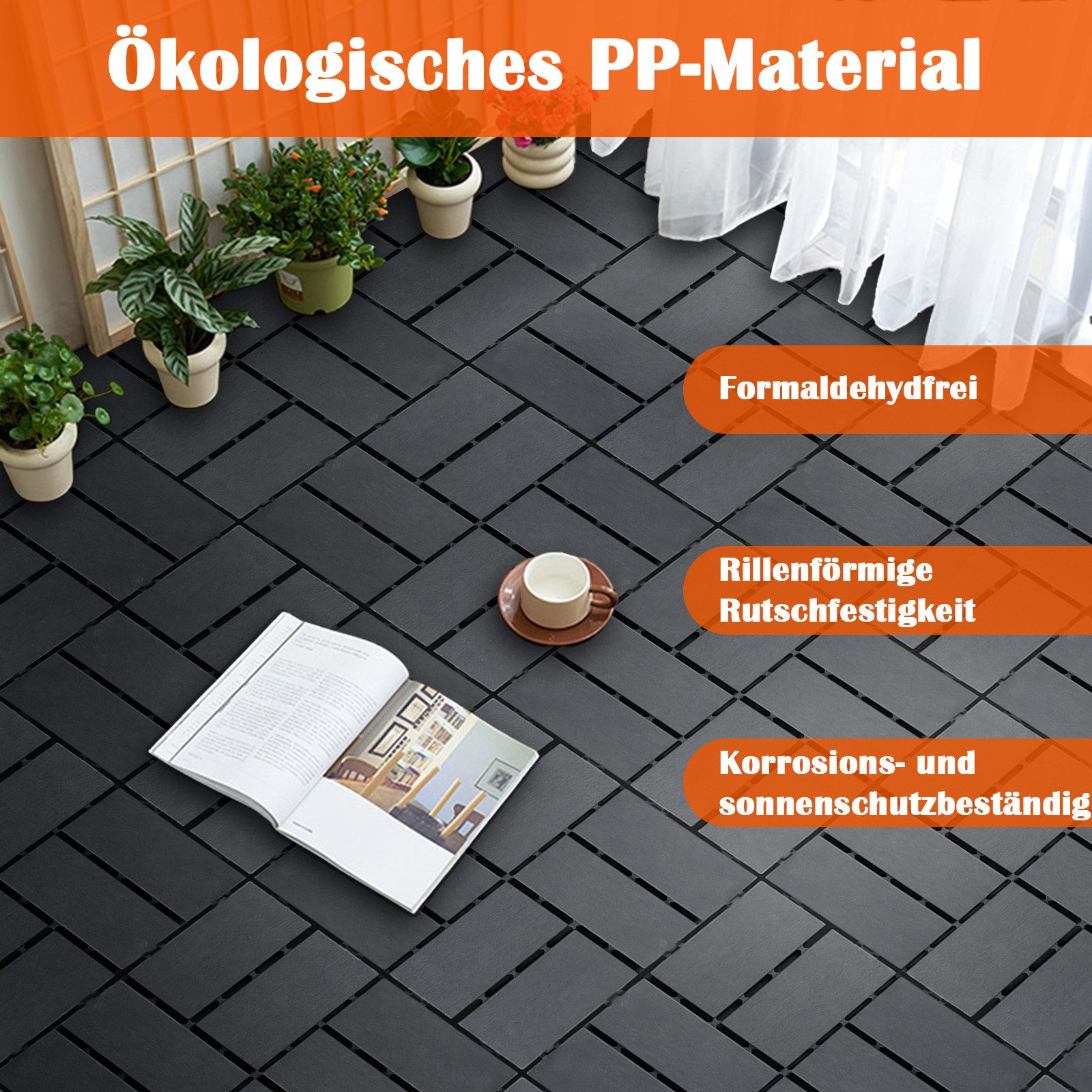 PFCTART Terrassendielen Terrassenfliesen mit Klicksystem 44 Stück, Kunststoff Bodenfliesen, 4,09 m², BxL: je 30.48x30.48 cm, 20 mm Stärke, (Set, 44-St., Für Bal – Bild 4 von 5