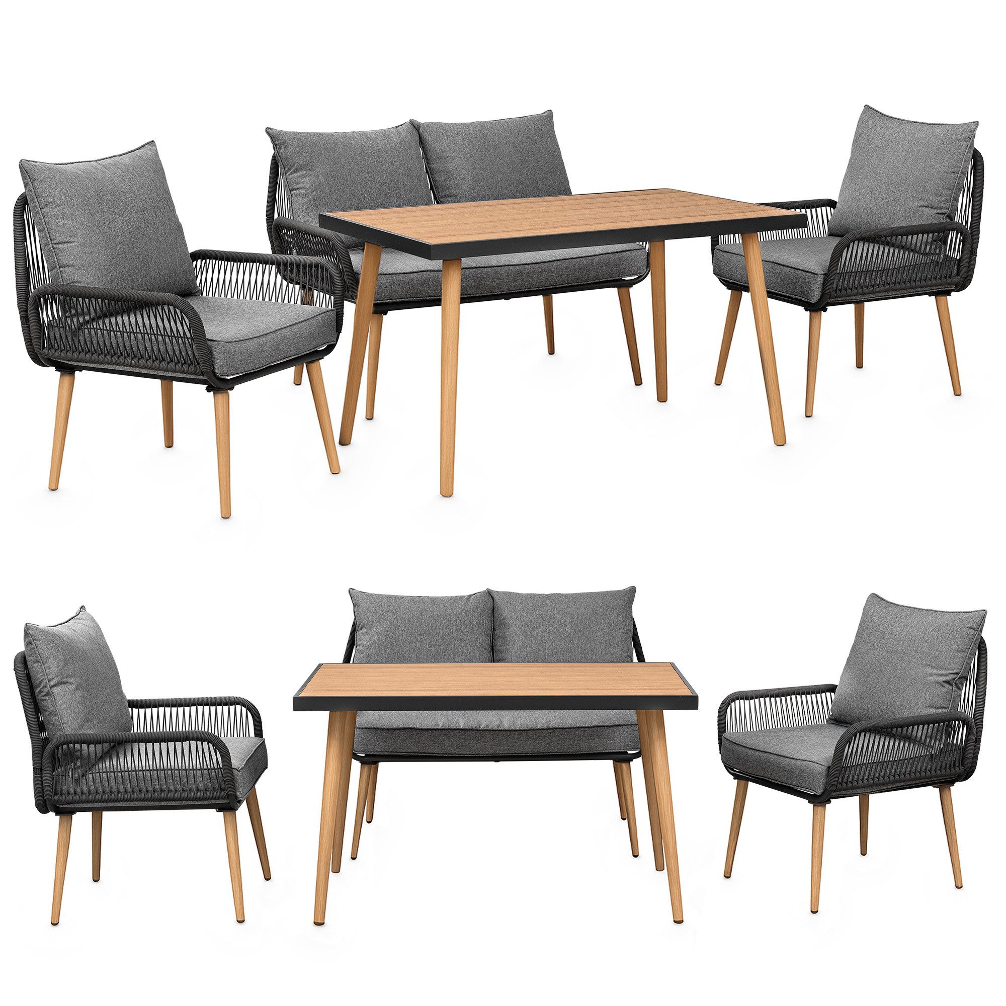 Swing&Harmonie Gartenlounge-Set für 4-6 Personen mit Tisch, Sofa, Stühle, (wetterfest, WPC-Tischplatte, Seilgeflecht Lounge, inkl. Kissen Sienna Garten Sitzgruppe)