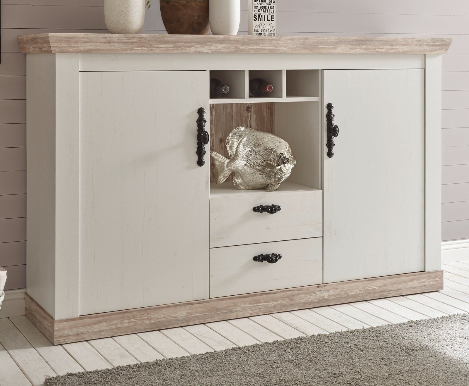 Furn.Design Sideboard Rovola (Kommode in Pinie weiß mit Oslo-Pinie, 168 x 104 cm), mit viel Stauraum