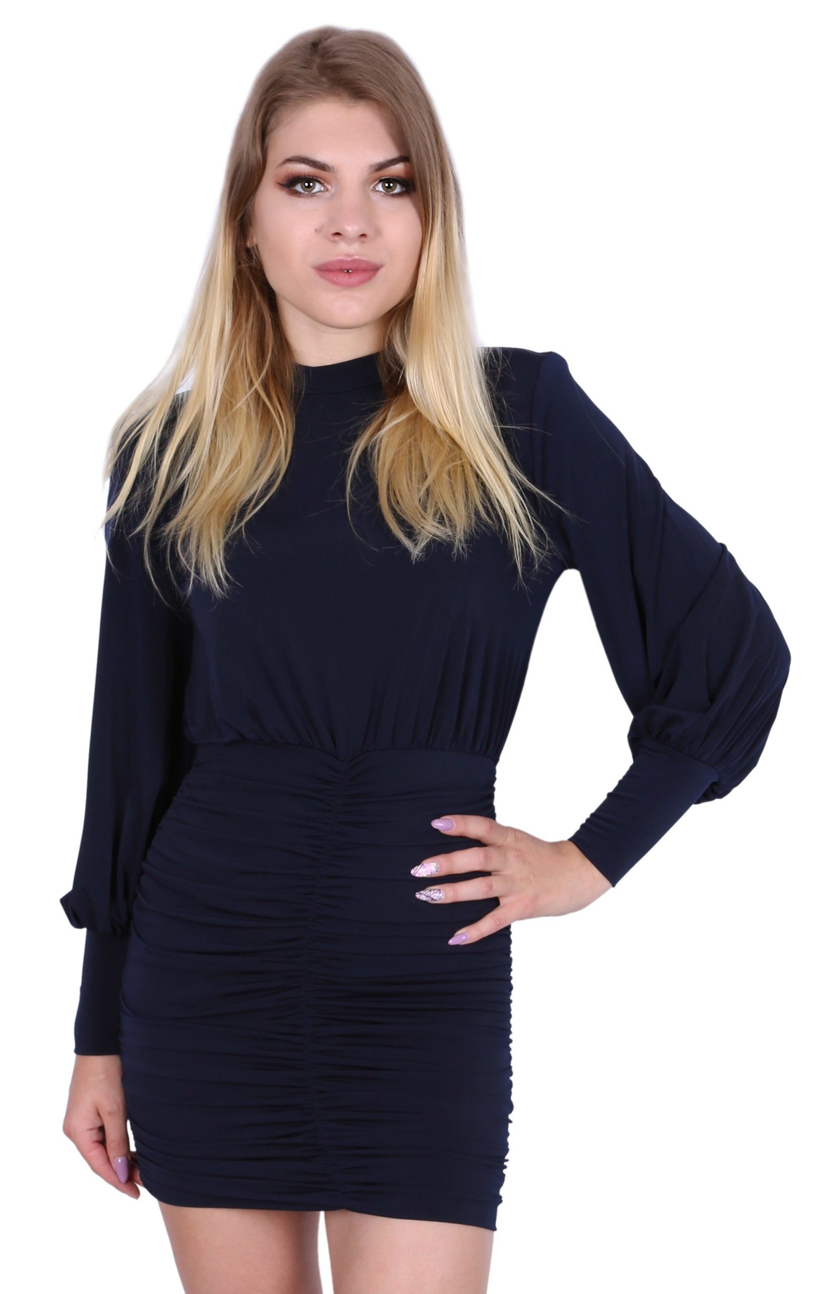 Minikleid Dunkelblaues, drapiertes, kurzes Kleid mit Rollkragen John Zack L