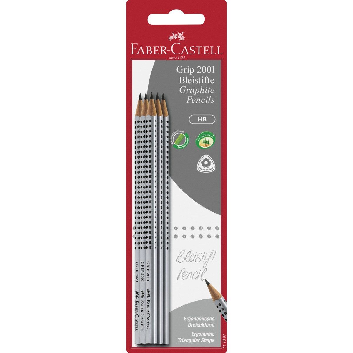 Faber-Castell Bleistift FABER-CASTELL Bleistifte Grip 2001 HB grau 6 Stück Blister