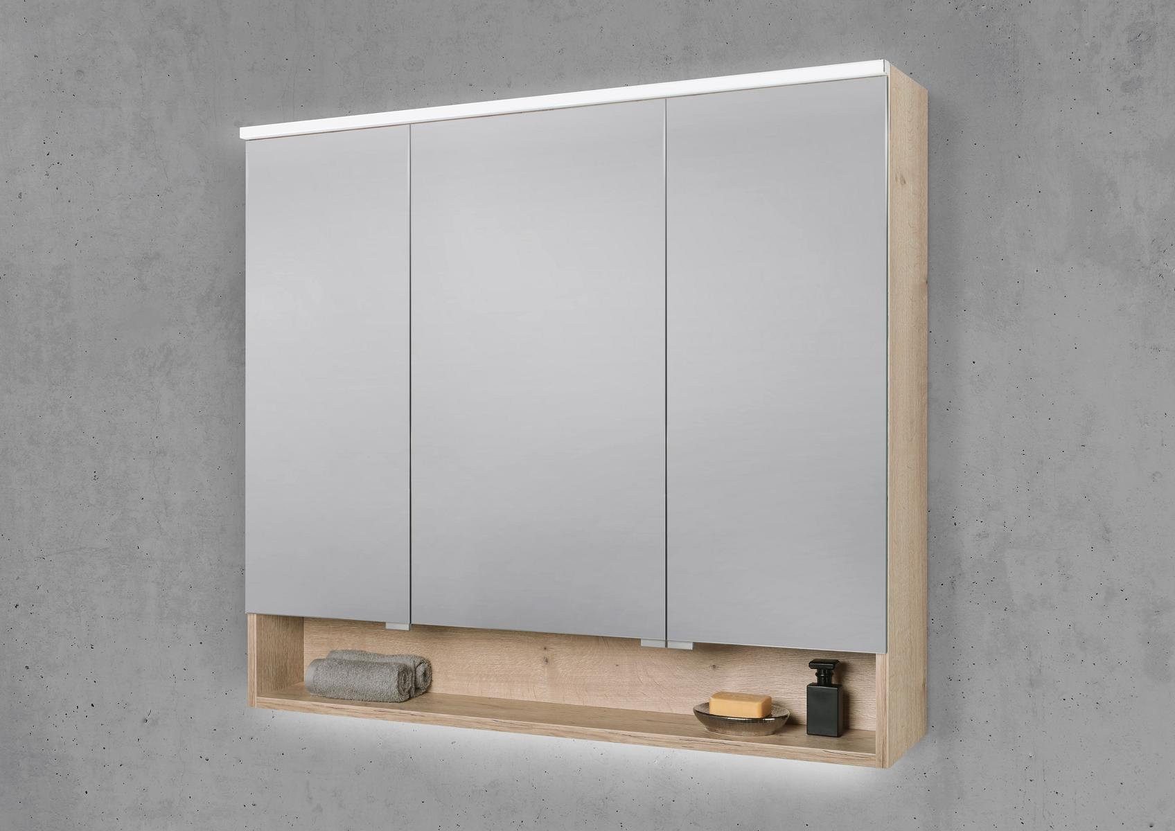 Intarbad Badezimmerspiegelschrank Spiegelschrank 100 cm 3 türig mit offenem Fach mit integrierter MULTI