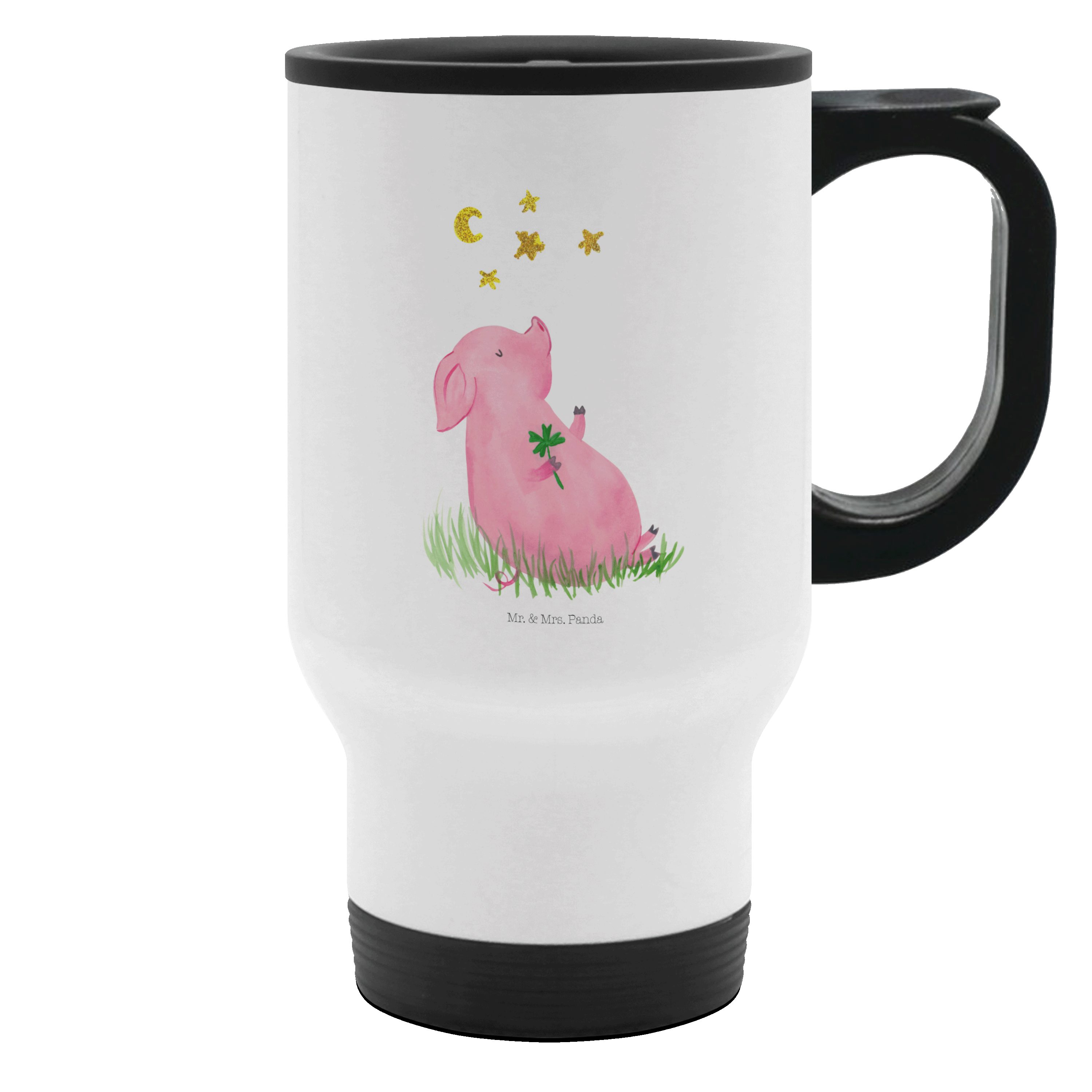 Mr. & Mrs. Panda Thermobecher Schwein Glück, Mehrwegbecher, Weiß, Lustige Sprüche, Glücksbringer, T, Edelstahl, Edelstahl-Thermobecher To-Go-Becher auto becher