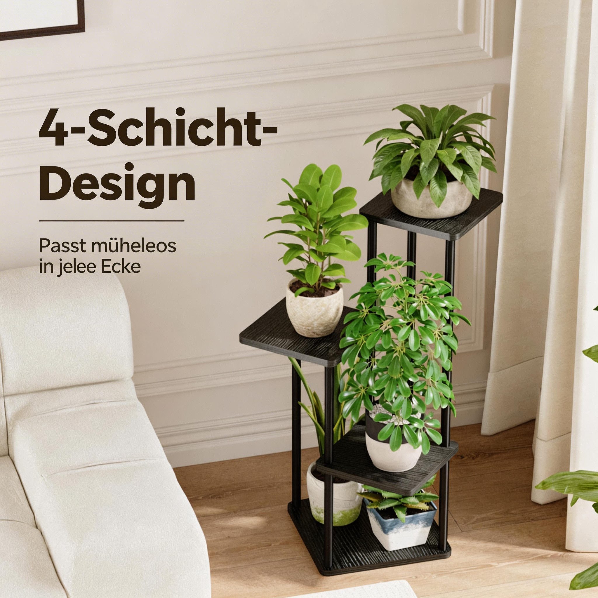 Bamworld Blumenständer Metall Pflanzenständer, Platzsparend für Wohnzimmer, Balkon & Ecke (1 St), 4-stöckiges Deko-Regal Indoor, 30x30x80 cm