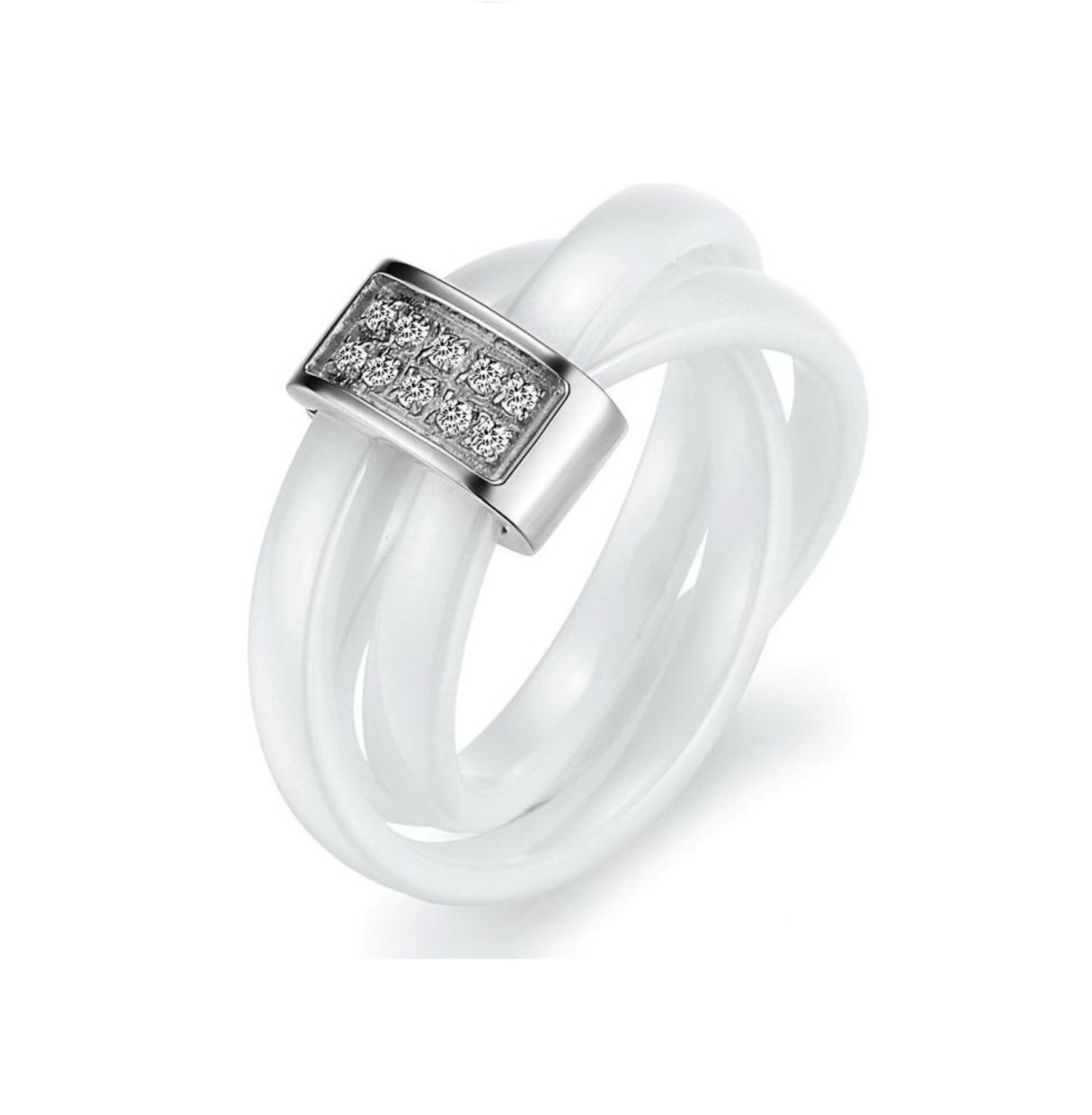 Kingka Fingerring Damen Ring 3-reihig verschlungen weiße Keramik Zirkonia nur Gr. 50, Damen Schmuck mit Zirkonia zu Geburtstag, Weihnachten, Lagerabverkauf