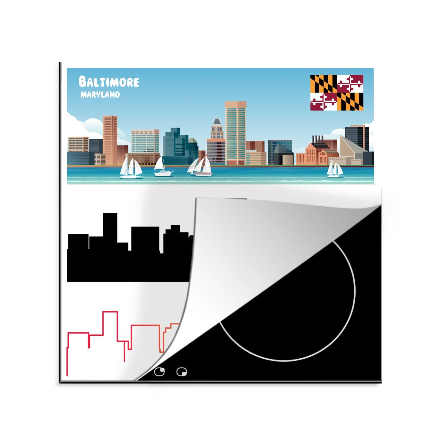 MuchoWow Herdblende-/Abdeckplatte Illustration des Horizonts von Baltimore in Amerika, Vinyl, (1 tlg), 78x78 cm, Ceranfeldabdeckung, Arbeitsplatte für küche