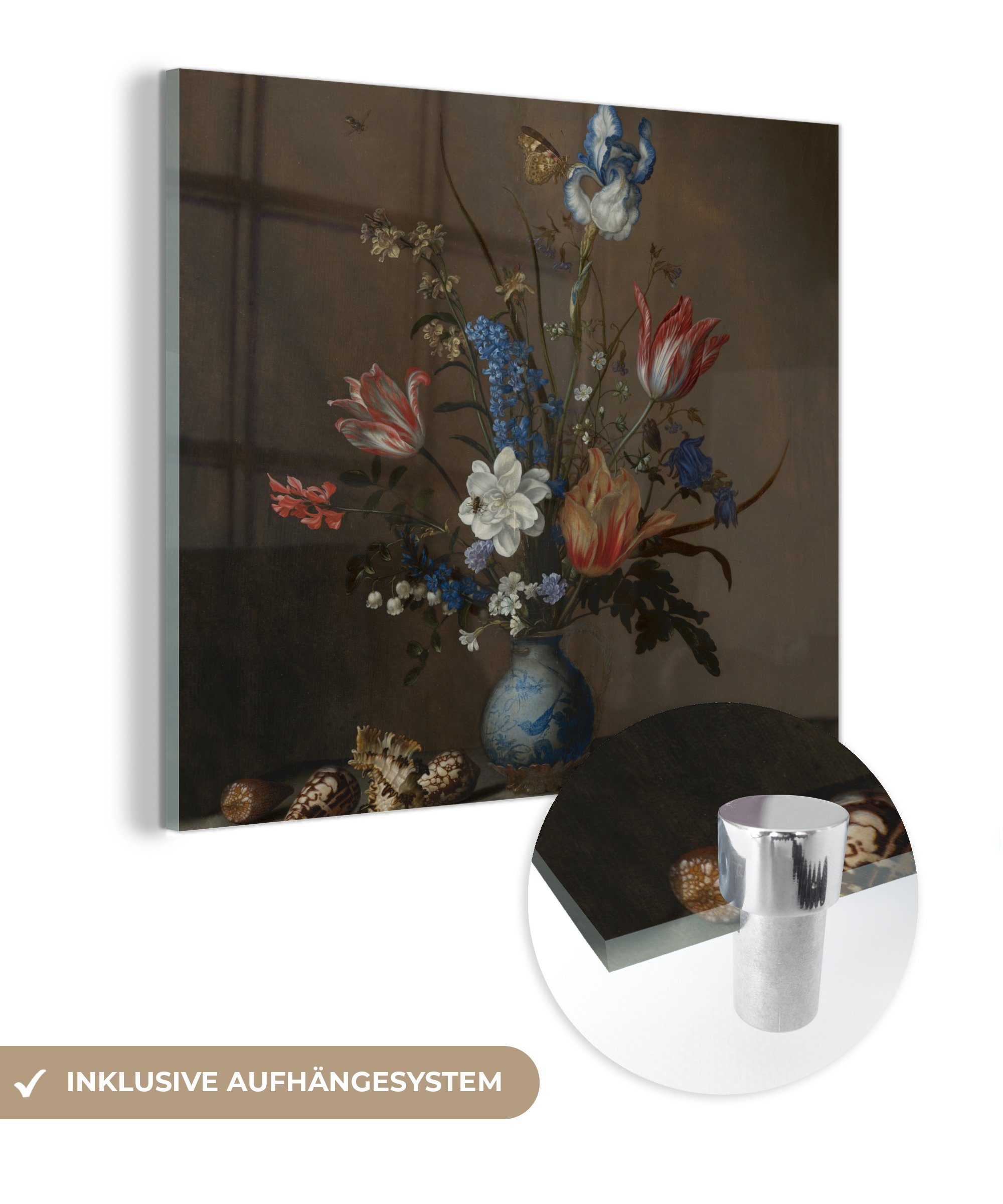 Wandbild - von Blumen Muscheln - Foto Glasbilder Acrylglasbild St), Glas Glas einer MuchoWow - Bilder in auf (1 van, Wan-Li-Vase bunt Gemälde Wanddekoration auf - und Balthasar