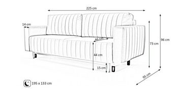 Beautysofa 3-Sitzer RAVI, 225 cm Veloursstoff Polstersofa, mit Bettfunktion und Bettkasten, Grau / Schwarz / Orange / Gelb / Grün / Blau, Velours Sofa, Dreisitzer auf Holzbeine