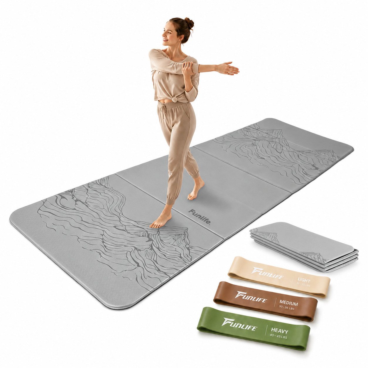 FunLife Yogamatte FOLD Design-Edition (Einzelmatte), 10 mm dick, faltbar, platzsparend, 190 × 66 cm
