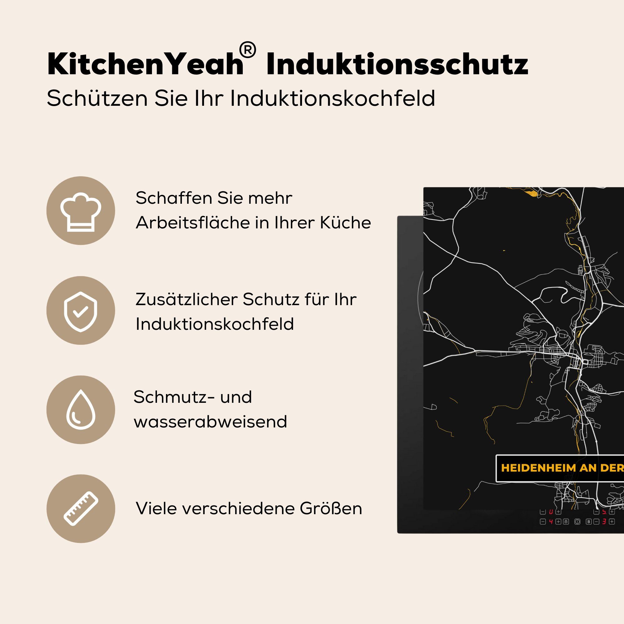 Vinyl, - Ceranfeldabdeckung, an cm, küche Gold - für Heidenheim Herdblende-/Abdeckplatte tlg), Arbeitsplatte Brenz 78x78 MuchoWow Karte, - - (1 Stadtplan Karte der