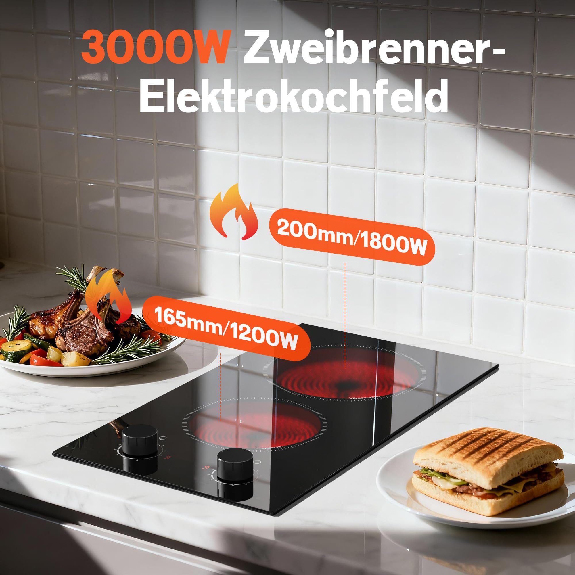 NOXTON Elektro-Kochfeld Glaskeramikkochfeld 2 Platten, für Alle Topfarten mit Drehreglern, Einbau-Herdplatte, 2 Kochfeldern, 9 Leistungsstufen, Restwärme-Erinnerung, 220 V-240 V, 3000 W, Ohne Stecker