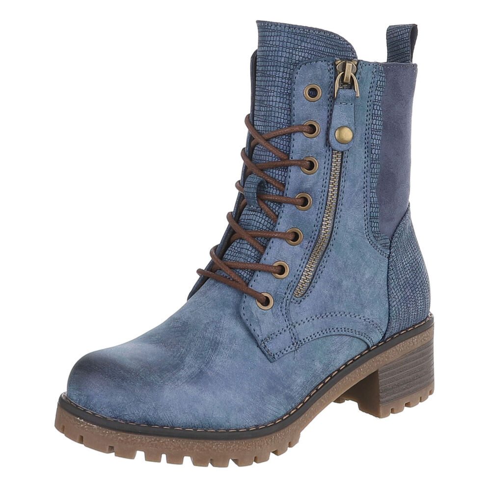 Ital-Design Damen Schnürstiefel mit Reißverschluss und Profilsohle Schnürstiefelette (92497670) Blockabsatz Stiefeletten in Blau