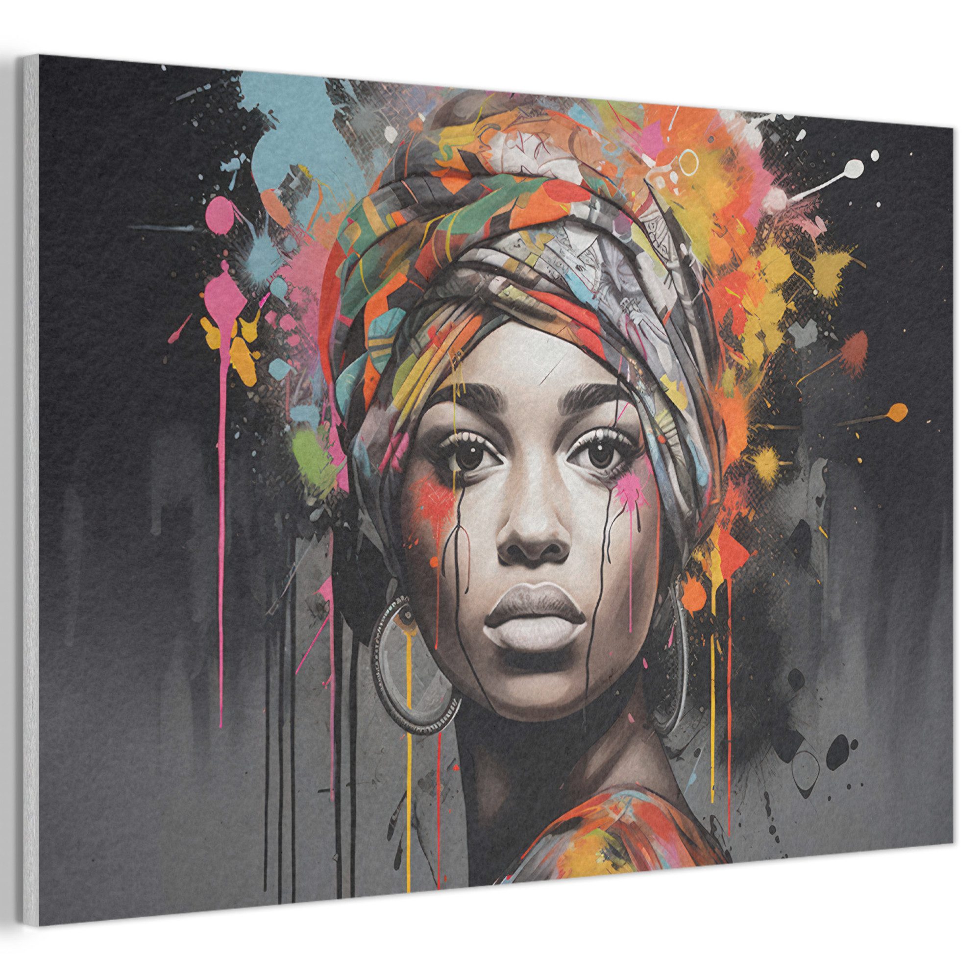 MuchoWow Gemälde Frau - Kopftuch - Graffiti - Schwarz, Fotodruck (1 St), Akustikbilder Schallabsorber, Wandpaneele, Akustikpaneele 60x40 cm