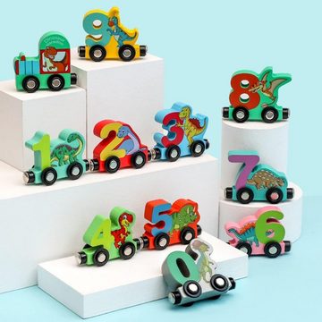 Fivejoy Spielzeug-Eisenbahn Dinosaurier-Zug-Set, 11-teilig, Holzspielzeugautos mit Zahlen, (farbiger Zug (verstärkte magnetische Version), Dinosaurier-Spielzeug für Kinder von 3–5 Jahren, Montessori-Spielzeug für 2-, 3-, 4- und 5-jährige Jungengeschenke), Geburtstagsgeschenke für Kleinkinder