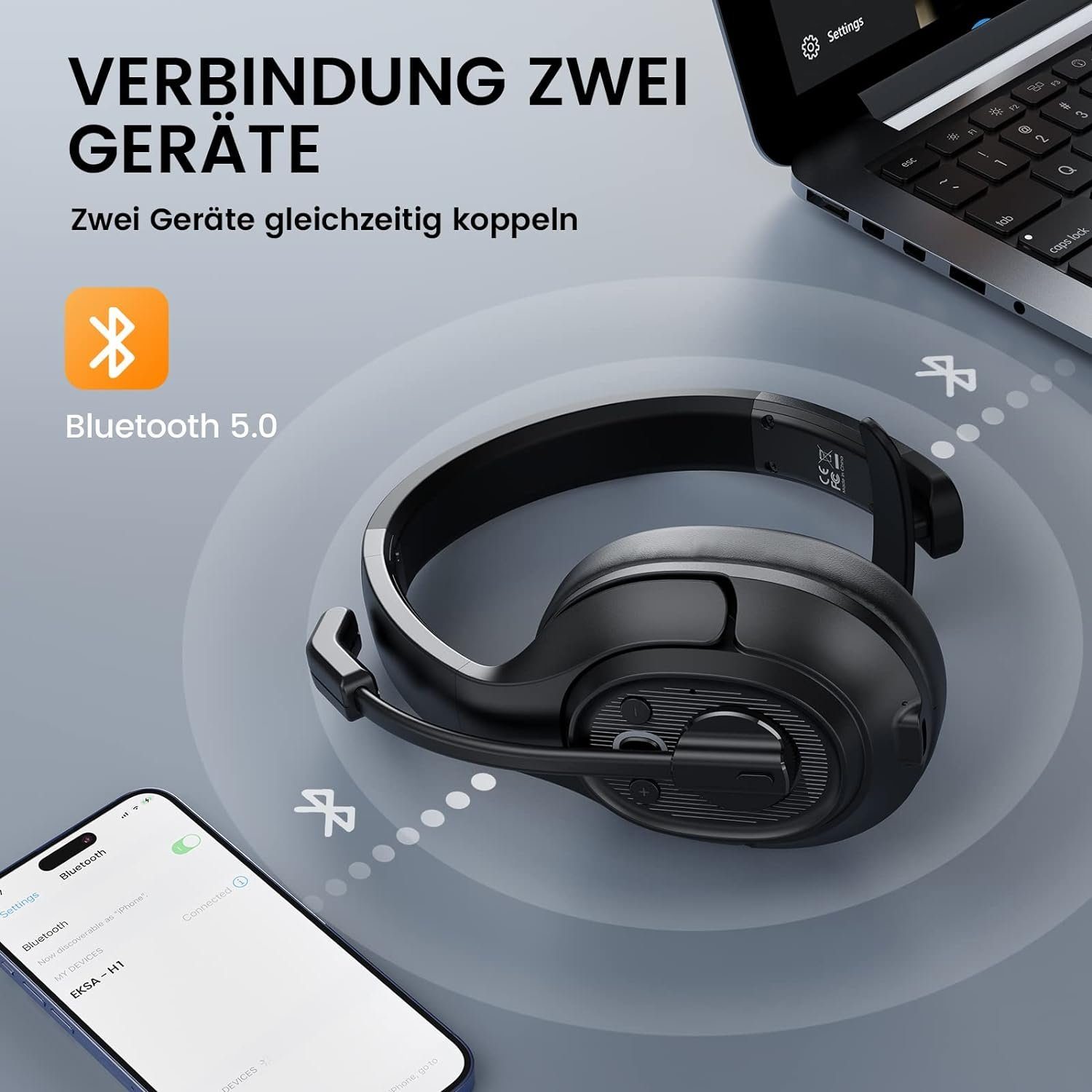 EKSA & Meter Bluetooth 55 zu Reichweite) mit Stdn Benutzerfreundlichkeit, Gaming-Headset Mikrofon (USB-Dongle Bluetooth Headset & Steuerung: 10 einfache gaming, Bis
