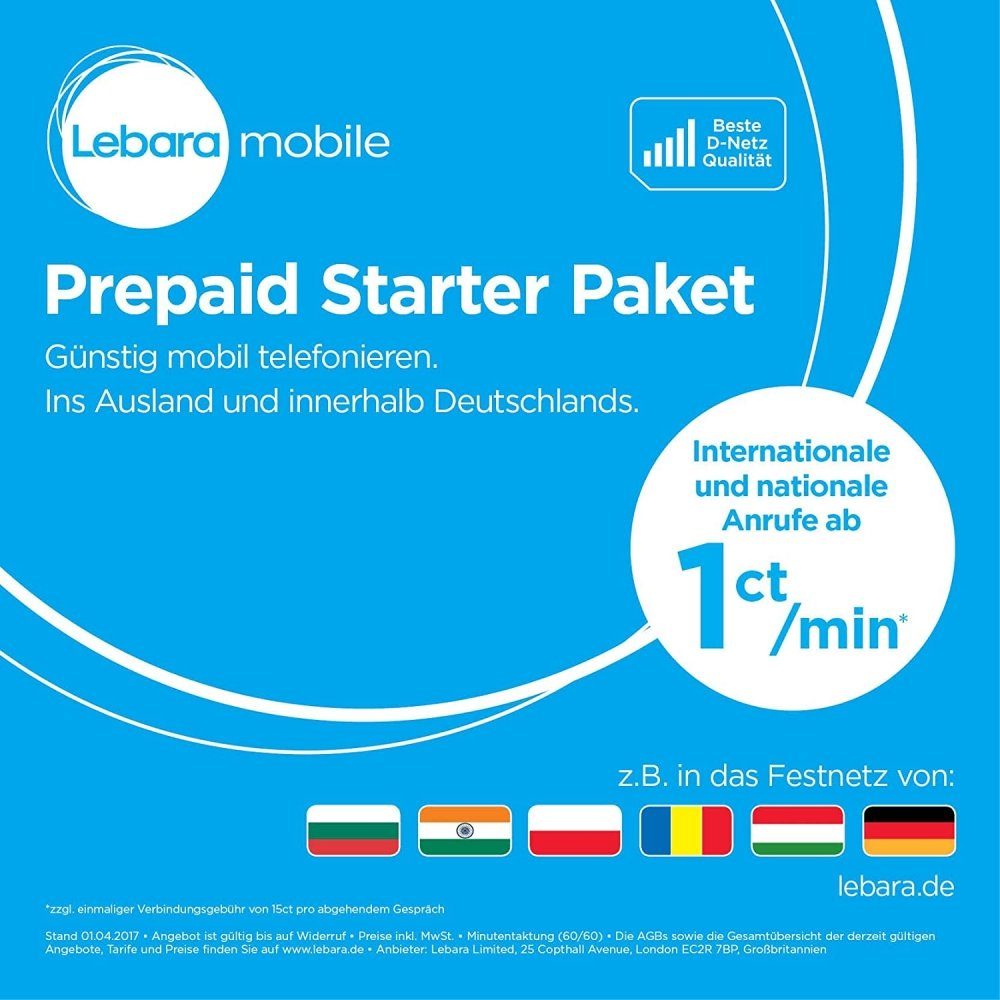 Lebara Starterpaket Prepaid Karte 10 Euro Prepaidkarte