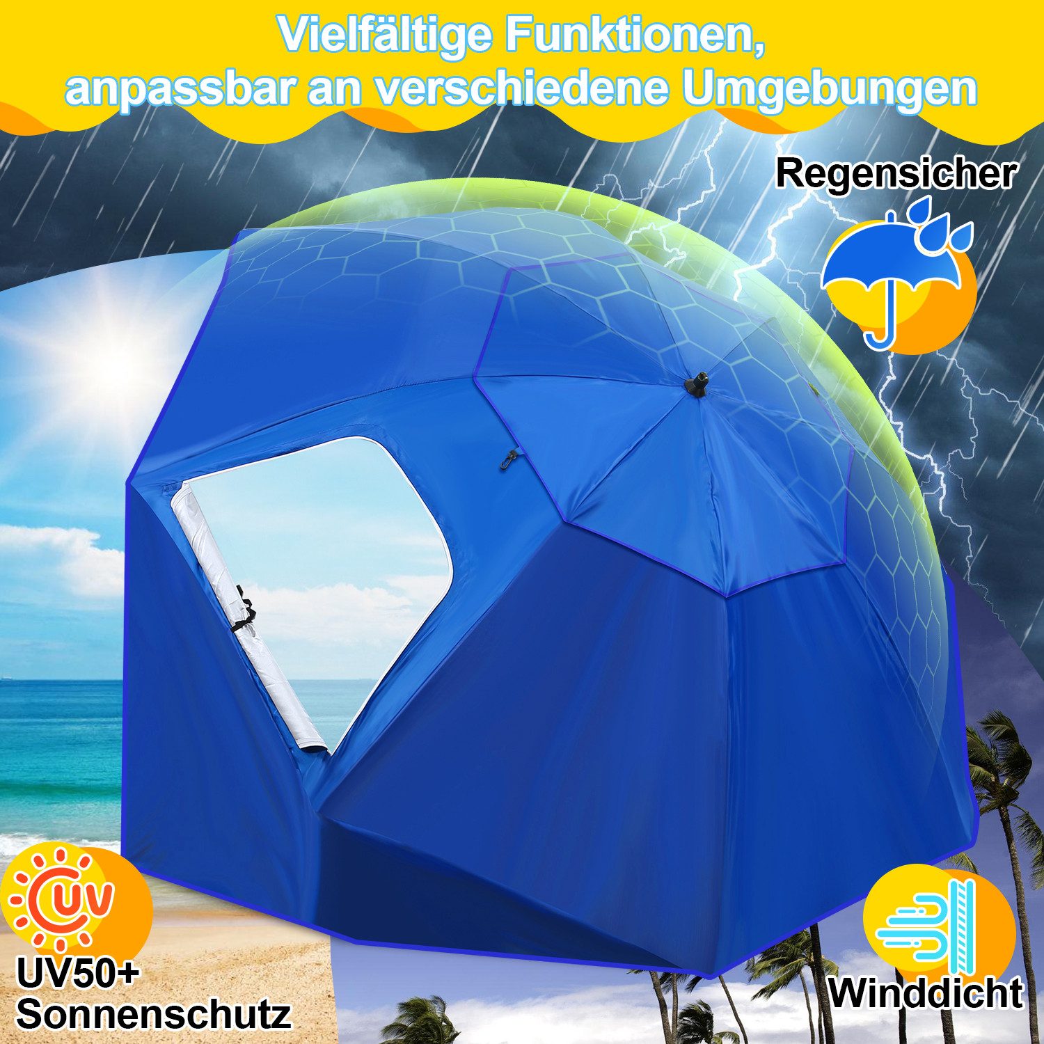 Clanmacy Sonnenschirm Strandschirm 210cm UV Schutz 50+ Neigbar Blau mit Erdspieß & Tasche, LxB: 210x200 cm, Stabiler knickbar/für Garten, Balkon, Terasse/Sonnenschutz UV50+