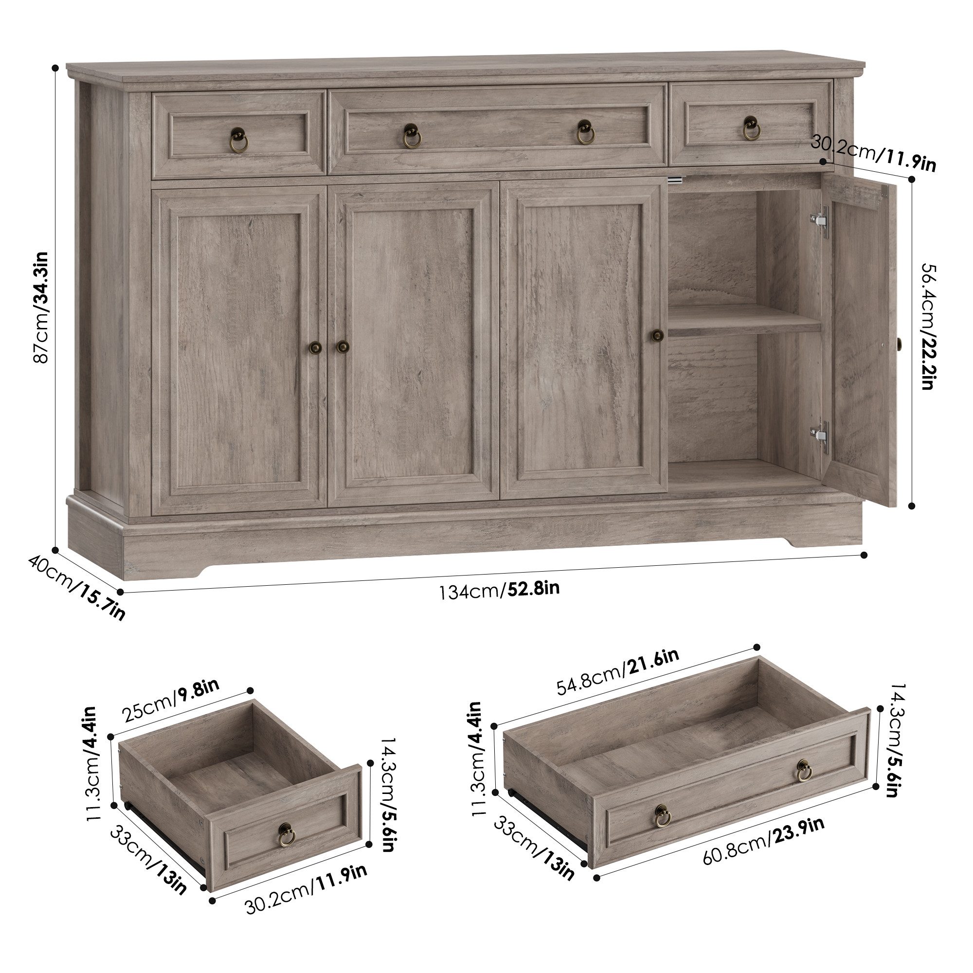 Homfa Sideboard für Wohnzimmer Küche, Küchenschrank Buffetschrank mit 3 Schubladen 4 Türen TV-Schrank braun – Bild 4 von 5