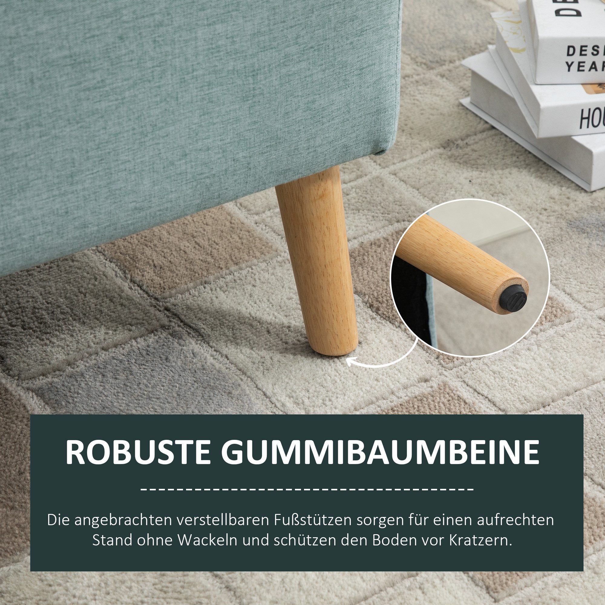 HOMCOM Sitzbank Polsterbank mit Leinenoptik, Sitztruhe mit Holzbeine (Truhenbank, 1-St., Polsterbank), Gummiholz Grün 110 x 39 x 45 cm – Bild 5 von 5